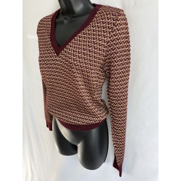 Zara Knit Jacquard V Neck Sweater Geometric Chevron Burgundy Gold S 70s Retro - Picture 4 of 10